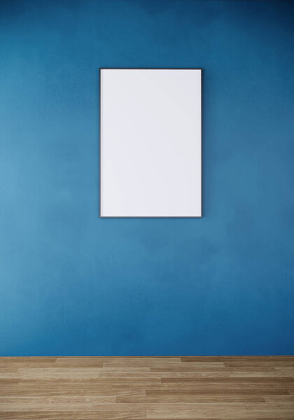 Blank picture frame mock up on blue wall, Room interior design, 3d rendering