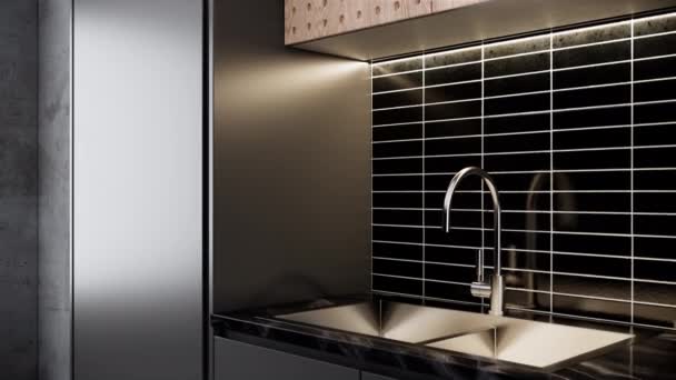モダンな高級キッチンインテリアデザイン 現代アパートコンセプト3Dアニメーションクローズアップショットビデオ4K — ストック動画