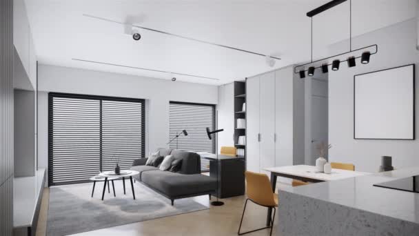 Quarto Branco Design Interiores Ideia Apartamento Contemporâneo Zoom Tiro Vídeo — Vídeo de Stock