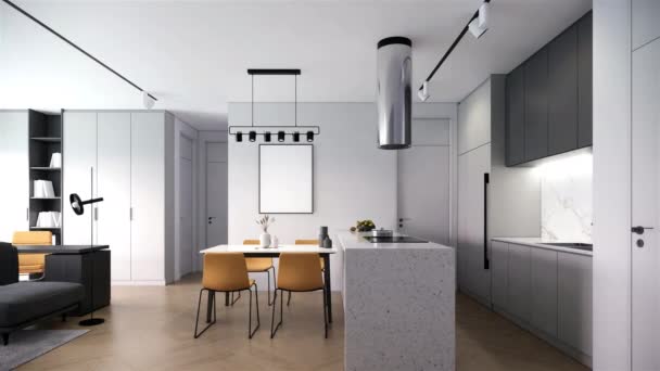 現代の黒と白の部屋のインテリアデザイン 現代のアパートやオフィスのコンセプト 日本の左のショットビデオ4Kの3Dアニメーション — ストック動画