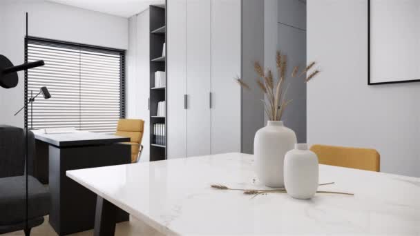 現代的な白い部屋のインテリアデザイン トレンディーな日本のホームオフィスやワークスペースのアイデア 回転カメラのクローズアップ撮影ビデオ4K 3Dアニメーション — ストック動画