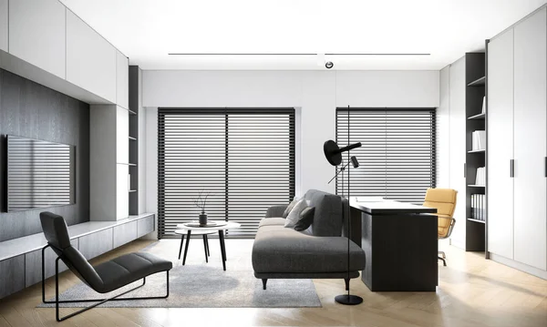現代の黒と白のリビングルーム トレンディーな日本のインテリアデザイン ホームオフィスのコンセプト — ストック写真