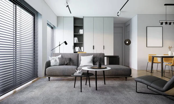 Modern beyaz odada gri kanepe, moda japandi iç tasarım, asgari apartman konsepti