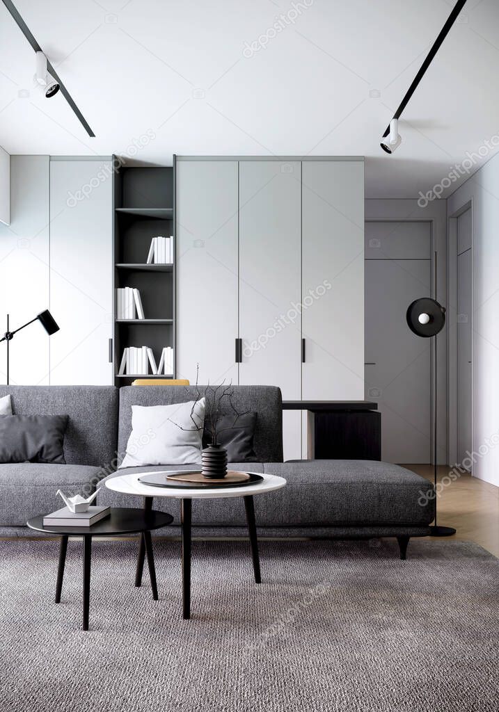gray sofa in modern room, trendy japandi interior design, minimal apartment concept