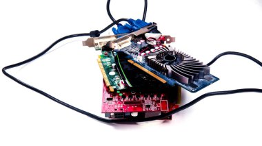 Video cards, electronic circuit, computer component, boards, isolated on white background, copy space, electronics, connecting cables, close-up clipart