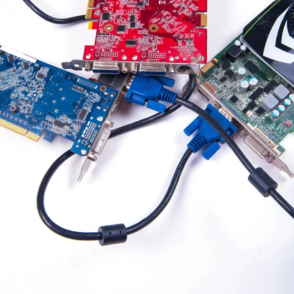Video cards, electronic circuit, computer component, boards, isolated on white background, copy space, electronics, connecting cables, close-up