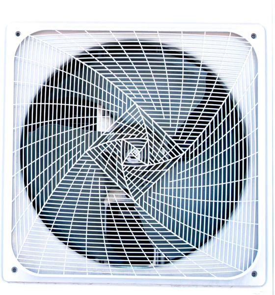 Industrial refrigerator fan with grate close-up