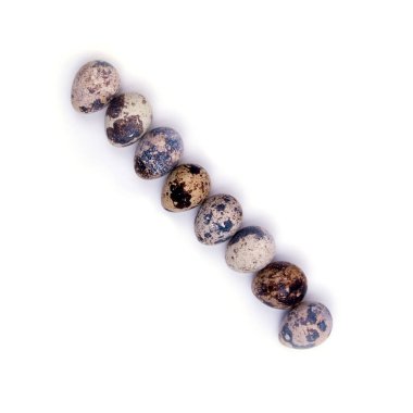 Bıldırcın yumurtaları tek sıra halinde serilmiş, beyaz arka plana yakın plan, boşluğu kopyala,