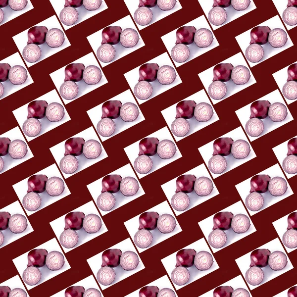 Pattern Natural Purple Bow Onion Rings Isolated Red White Background — Zdjęcie stockowe