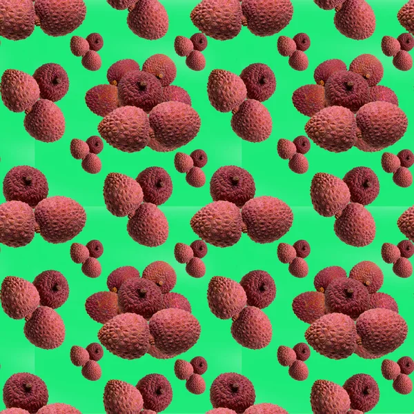 Litschi Früchte Auf Hellgrünem Hintergrund Isoliert Muster Angelegt Draufsicht Flacher — Stockfoto