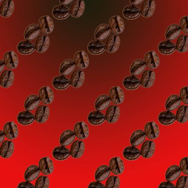 Kahve çekirdekleri kırmızı ve siyah arka planda, duvar kâğıdı, doku, üst manzara üzerine dizilmiş.