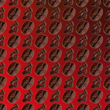 Kahve çekirdekleri kırmızı ve siyah arka planda, duvar kâğıdı, doku, üst manzara üzerine dizilmiş.