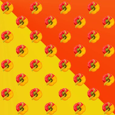 Sarı-kırmızı arka plan, desen, duvar kağıdı, üst manzara, düz düzen, izole edilmiş Bulgar sarı ve kırmızı biberi