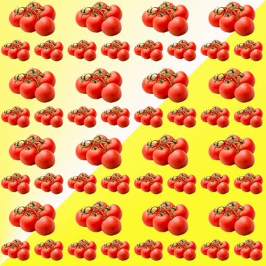 Sarı ve beyaz bir arkaplanda domatesler, desen, düz düzen, şablon, reklamcılık, afiş, üst görünüm