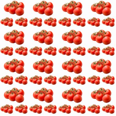 Beyaz arkaplanda domatesler, pürüzsüz desen, düz düzen, şablon, reklamcılık, afiş, üst görünüm