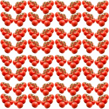 Beyaz arkaplanda domatesler, pürüzsüz desen, düz düzen, şablon, reklamcılık, afiş, üst görünüm