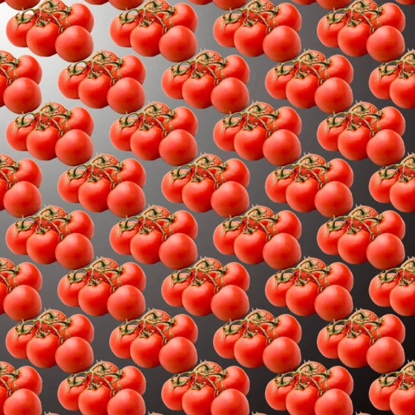 Siyah ve kırmızı bir arkaplanda domatesler, desen, düz düzen, şablon, reklamcılık, afiş, üst görünüm