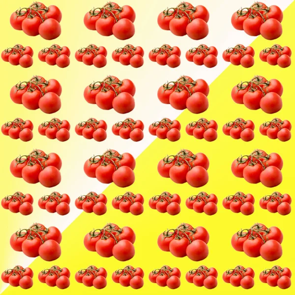 Sarı ve beyaz bir arkaplanda domatesler, desen, düz düzen, şablon, reklamcılık, afiş, üst görünüm
