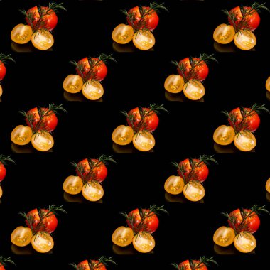Siyah arkaplanda domates dereotu, desen, yakın plan, şablon, afiş, düz düzen, reklamcılık, duvar kağıdı