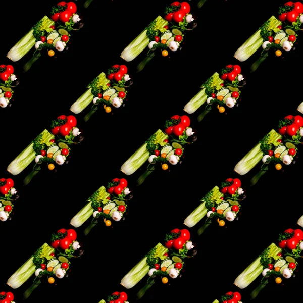 Verduras Frescas Fondo Negro Pattern Copia Espacio Para Texto — Foto de Stock