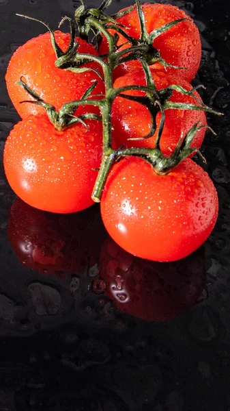 Tomates Sur Une Branche Avec Gouttes Eau Verre Noir Avec — Photo