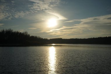 Kışın alçak güneş. Aralık ayında Habermannsee 'deki Kaulsdorfer Baggersee Gölü civarındaki muhteşem bitki örtüsüyle güzel bir manzara. Marzahn-Hellersdorf, Berlin, Almanya 