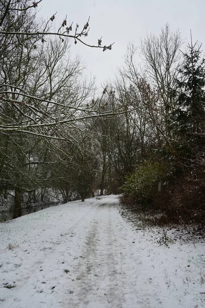 Snö Närheten Floden Wuhle Januari Vackert Vinterlandskap Marzahn Hellersdorf Berlin — Stockfoto