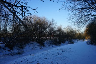 Şubat ayında Wuhle nehri kenarındaki güzel kar manzarası. Marzahn-Hellersdorf, Berlin, Almanya  