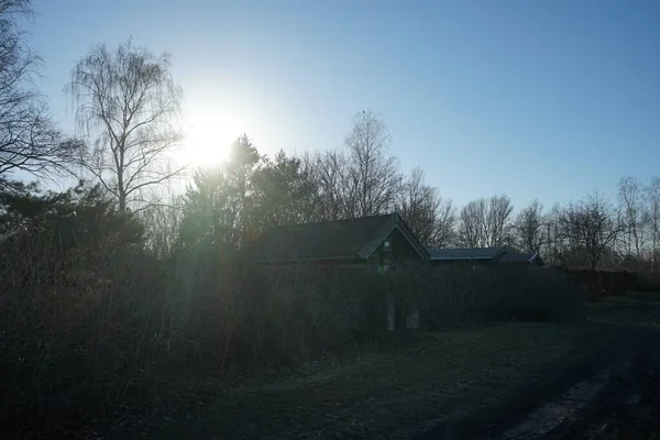 Old garden houses against the backdrop of the low winter sun. Marzahn-Hellersdorf, Berlin, Germany