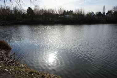 Güneşli bir Mart gününde Wuhlesee Gölü manzarası. Marzahn-Hellersdorf, Berlin, Almanya 