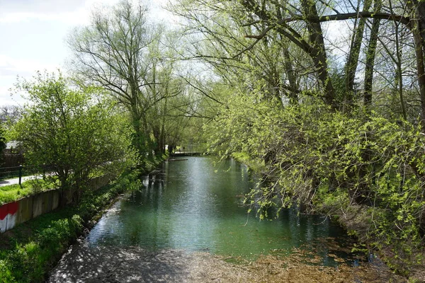 Vista Raso Rio Wuhle Dia Ensolarado Primavera Berlim Alemanha — Fotografia de Stock