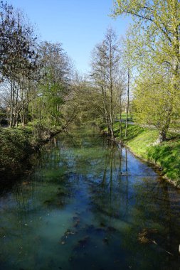 Güneşli bir bahar gününde sığ Wuhle Nehri manzarası. Berlin, Almanya  