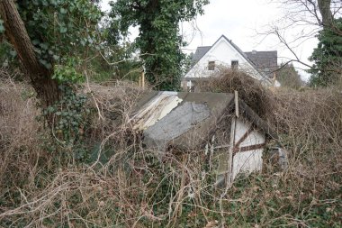 Mart ayında terk edilmiş bir bahçe arazisinde eski bir kulübe duruyor. Berlin, Almanya. 