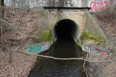 Mart 'ta Wuhletal' daki Wuhle Nehri 'nin kıyısındaki pitoresk Landschaftspark' taki köprünün manzarası. Wuhle, Spree 'ye küçük bir sağ yaka haracı. Marzahn-Hellersdorf, Berlin, Almanya, Avrupa.