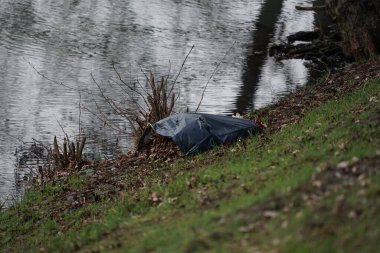 Mart ayında Wuhle nehrinin kıyısında yaprakları dökülmüş bir plastik torba uzanıyor. Berlin, Almanya.