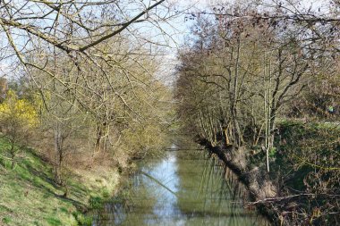 Mart ayında Wuhle Nehri ile güzel bir bahar manzarası. Wuhle, Spree 'ye küçük bir sağ yaka haracı. Berlin, Almanya, Avrupa.