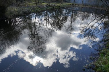 Nisan ayında Alman Teknoloji Müzesi 'nin açık alanındaki suda hava kabarcıkları bulunan Müze göleti, Museumsteich manzarası. Berlin, Almanya.