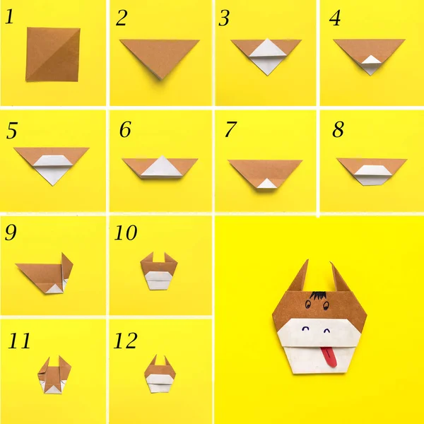 Adım adım fotoğraf çekerek origami kağıt boğasının nasıl yapılacağını öğretiyorum. Boğa, 2020 yılının sembolüdür. Çocuk konseptiyle basit bir şey. Basamakların kolajı fotoğrafı. Düz yatıyordu