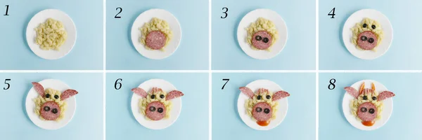 Funny Breakfast, lunch or dinner for children in the form of a bull\'s face made of pasta, sausage, bacon, olives and fresh tomatoes on a blue background. Instruction how to make creative food art breakfast for kids. Top view.