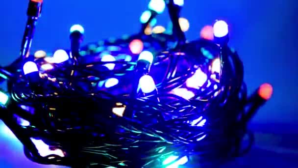 Colorful Tangled Christmas Lights Dark Background Merry Christmas Happy New — Stock Video