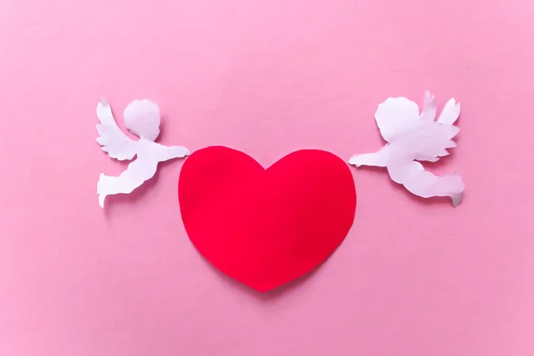 День Святого Валентина Червоні Серця Купідон Рожевому Фоні Денна Листівка — стокове фото