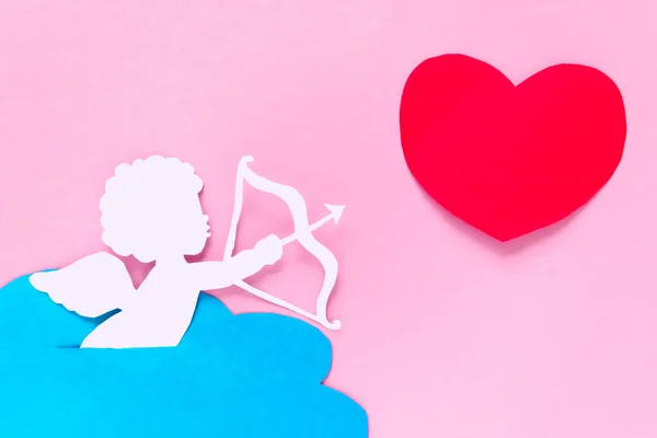 День Святого Валентина Червоні Серця Купідон Спрямовані Серце Рожевому Фоні — стокове фото