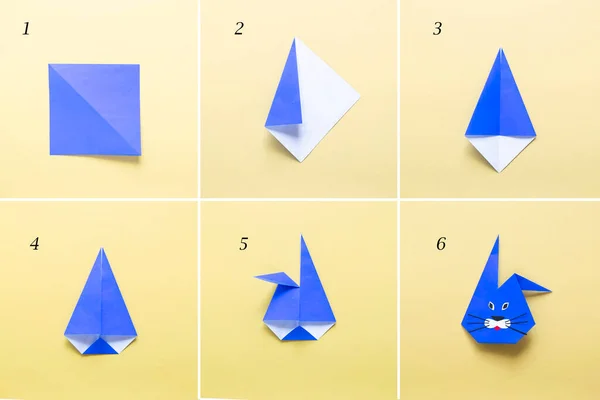 Step by step photo instruction How to make Origami paper bunny. Simple diy kids children\'s concept. collage of the steps photo