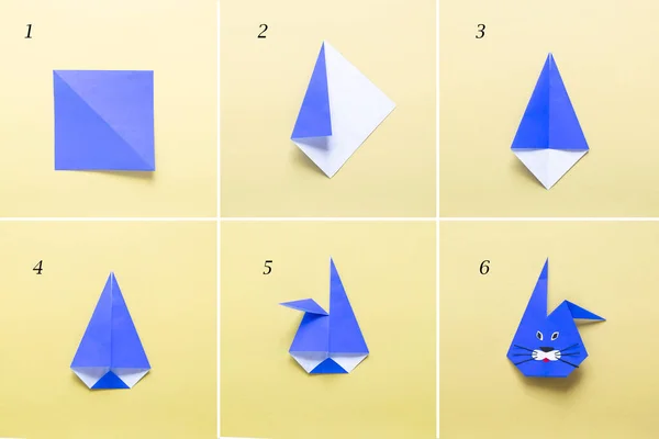 Step by step photo instruction How to make Origami paper bunny. Simple diy kids children\'s concept. collage of the steps photo