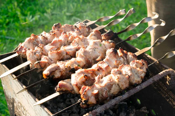 Shish kebab na grelha na rua. — Fotografia de Stock