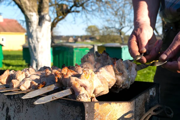 Mani maschili che tengono uno spiedo con barbecue sulla griglia — Foto Stock