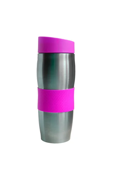 Purple travel mug bottle isolated on white — Stock Photo, Image