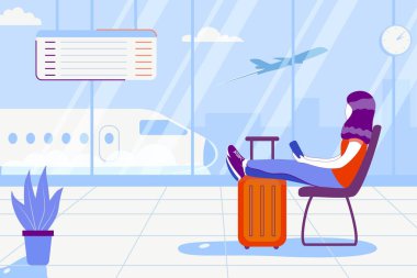 Young woman is sittinding near window at the airport and watching plane before departure Travel tourist standing with luggage watching sunset at airport window lifestyle vector illustration concept clipart