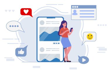 Çevrimiçi arama ve haberleşme düz vektör illüstrasyonunu kullanarak akıllı telefon genç adam üzerinde internette sörf yapmak