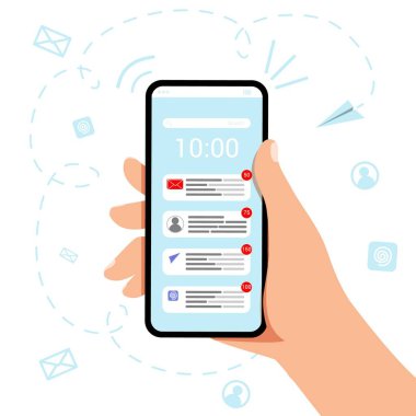 Yeni e- posta simgesi Sohbet Mesaj Bildirimleri, Sohbet, SMS konsepti ve İletişim Vektörü illüstrasyon kavramı ile el ele tutuşan cep telefonu